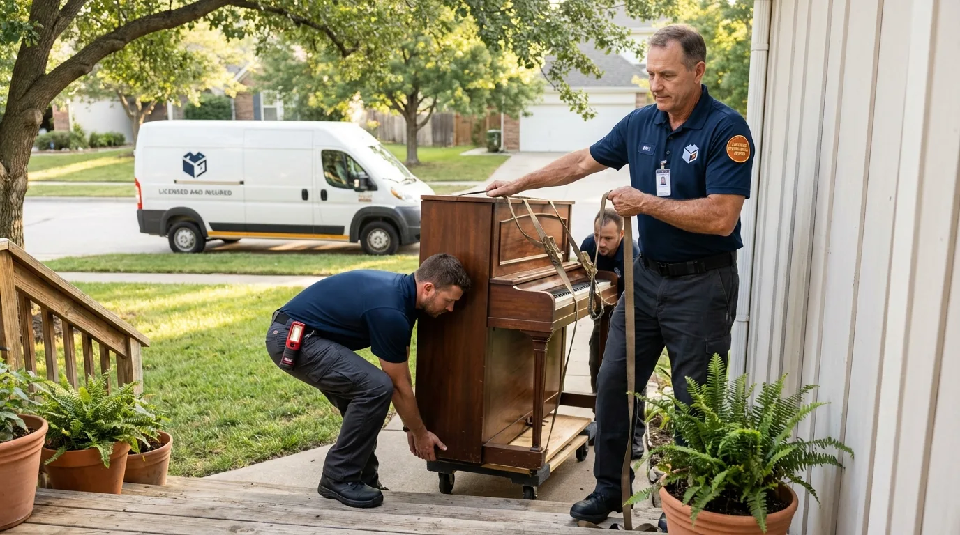 Licensed piano movers securing grand piano in Trenton, NJ