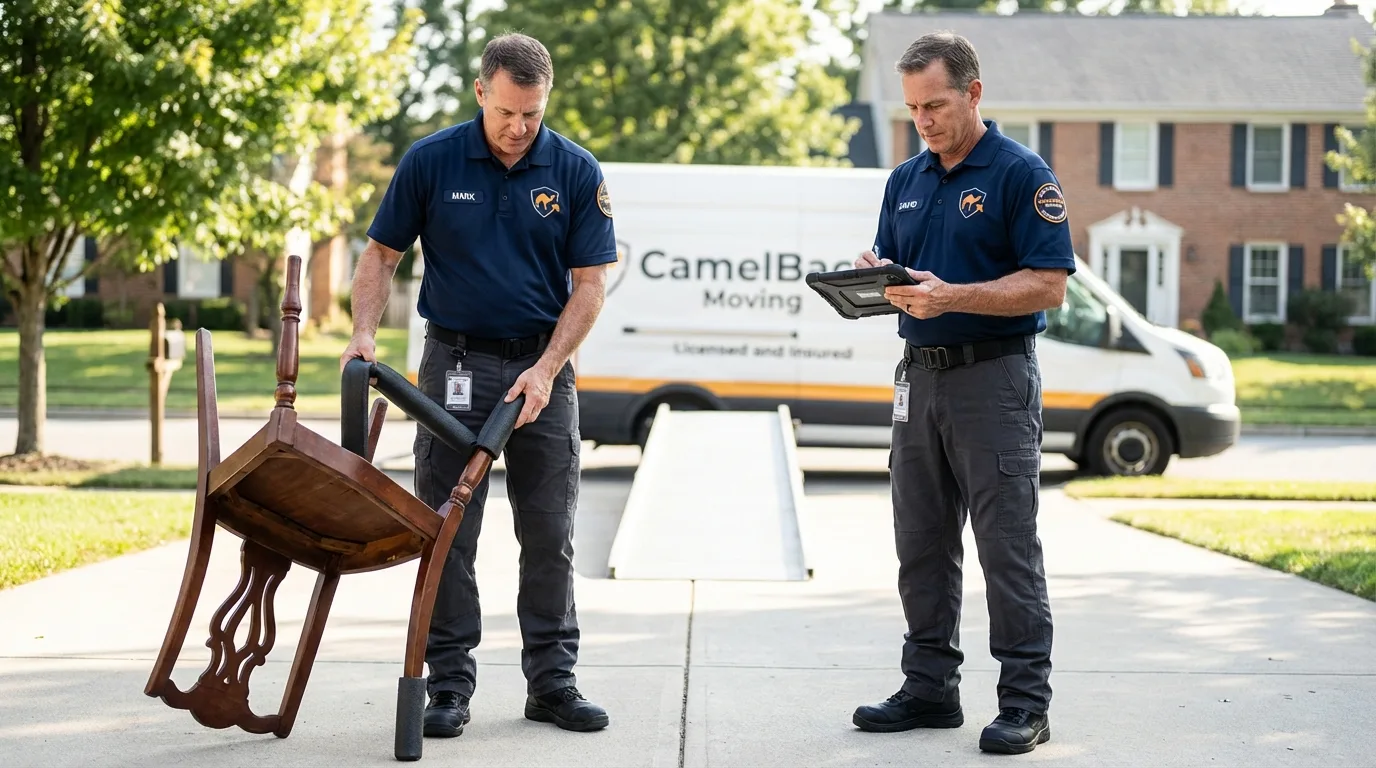 Movers inspecting furniture for damage prevention before loading in Trenton, NJ