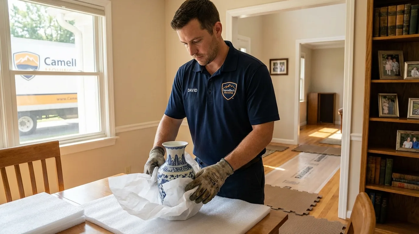 Professional crew carefully wrapping antique vase for senior downsizing move in Trenton, NJ
